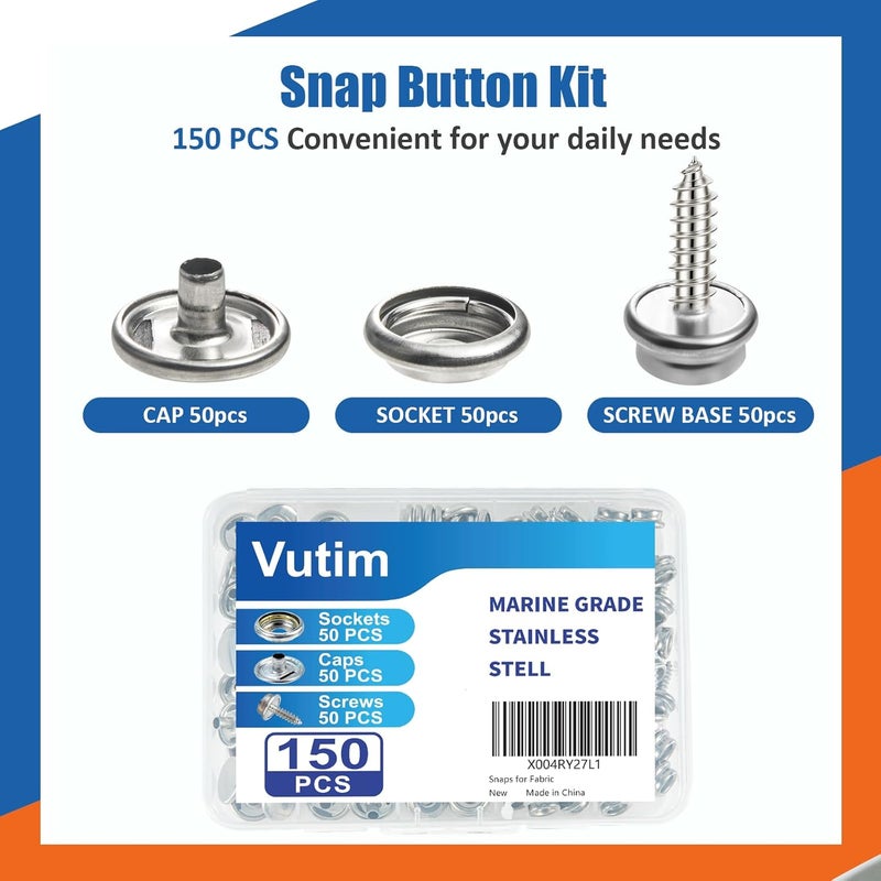 Vutim 150 PCS Canvas Snap Fastener Tool Set, Marine-Grade 3/8" Stainless Steel Snaps, Metal Snap Fastener Kit, Leather Repair Kit for Boats, Canvas, Leather Goods, Tents, and Awnings - Image 3